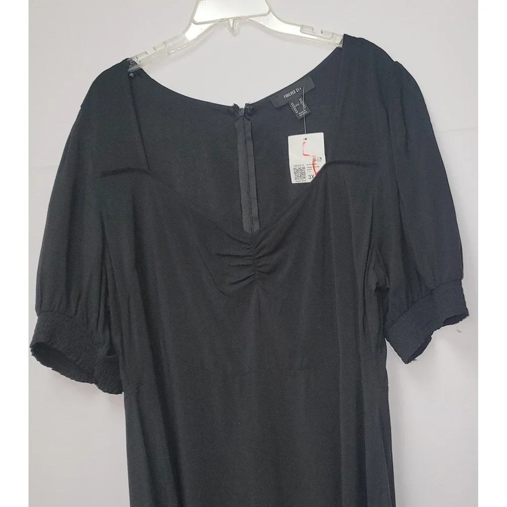 FOREVER 21 Square Neck Puff Sleeve Midi 3X Romantic Milkmaid Soft Black Dress‎